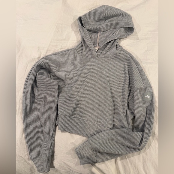 ALO Yoga Tops - Alo Ribbed Cropped Hoodie in Heather Gray- Size Small